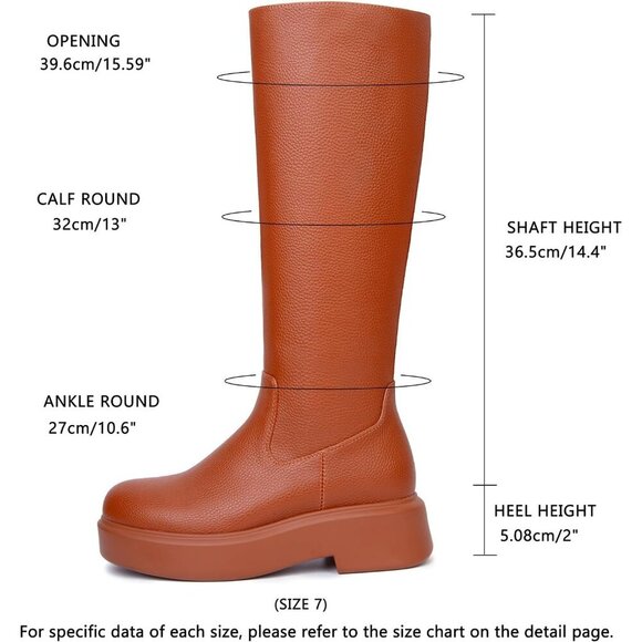 Women's Brown Knee Leather Platform Chelsea Boots Front Zip Chunky Combat Bootie - Picture 5 of 6